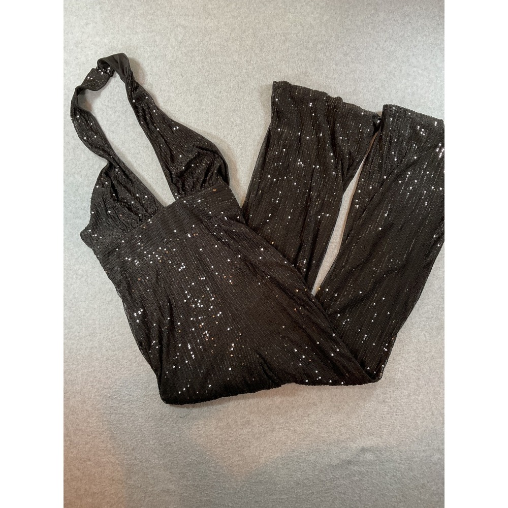 Faeriesty Black Sequin Halter Jumpsuit Wide Leg Plunging Neck Evening Large 1241